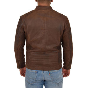 Chaqueta de cuero con forro de viscosa acolchado, cremallera, color marrón, logotipo personalizado al por mayor, chaqueta de cuero auténtico a prueba de viento, chaqueta descolorida para hombre - Product Image 4