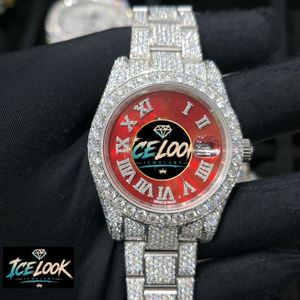 ICELOOK นาฬิกาสแตนเลสสตีลสุดหรูสำหรับผู้หญิง หน้าปัดสีแดง ขอบคริสตัล อะนาล็อกควอตซ์ 30 มม. ตัวเรือนทรงกลม ตัวล็อคแบบพับได้ - Product Image 1