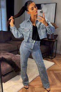 Factory Price Customized New Light Blue Cropped Rhinestone Denim <b>Jacket</b> <b>Long</b> Sleeves Designed <b>For</b> Women denim <b>jacket</b> - Product Image 2