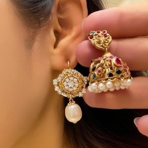 Matte Small Jhumki Earrings with Pearl and Diamond for Wedding Party - Product Image 3