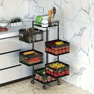 Carrello portafrutta e verdura a 5 ripiani girevole in metallo, carrello da cucina multiuso con ruote, isola cucina a più livelli - Product Image 3