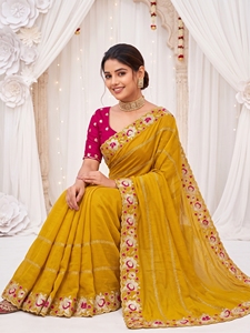 AARA Fashion Yellow Silk <b>Saree</b> with Pink Embroidery Matching Blouse <b>for</b> Wedding Occasion <b>Women</b> Traditional Wear Sun Protection - Product Image 6