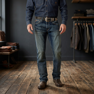 Men Vintage Hong Kong-style Distressed Cat Whisker Patterns Mid Boot Cut Denim <b>Jeans</b> 100% Cotton Eco-Friendly Medium Vibe Casual - Product Image 3