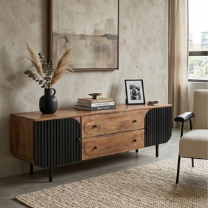 Mueble para TV con patas plegables estilo moderno con madera maciza de mango - Product Image 1