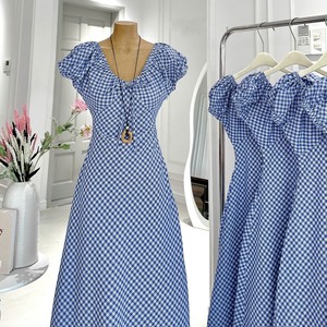 Ladies Vintage Blue Checkered Embroidered Puff Sleeve 2 Piece Long <b>Set</b> Elegant Quick Dry Breathable 100% Polyester Summer - Product Image 4