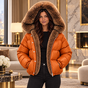 Stylish <b>Womens</b> Beige Satin Puffer Winter <b>Coat</b> <b>Fur</b> <b>Hood</b> Silk Warm Quilted Motorcycle Jacket Luxury Cold Weather Outerwear - Product Image 3