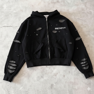 เสื้อฮู้ดดี้ Rexfit Sports แบบซิป ปักลาย แอพพลิเคชั่น ผ้าฝ้ายฟอกสี ซิปคาร์โก้ ทรงขาบาน แบบสองชั้น และชุดเสื้อฮู้ดดี้ - Product Image 1