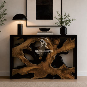 Table console moderne en teck massif, écologique, durable, fabriquée à la main, avec côtés en bois de butternut et centre en racine de teck - Product Image 5