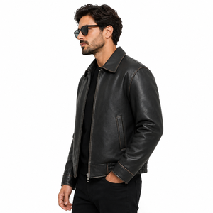 Blouson aviateur en cuir marron pour homme, cuir véritable de qualité supérieure, fermeture éclair sur le devant, style vintage, blouson de motard - Product Image 4
