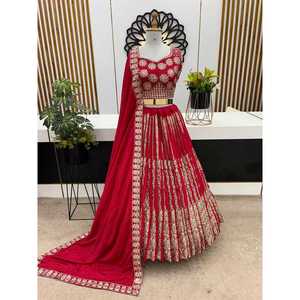 FANCY GEORGETTE EMBROIDERY SEQUENCE WORK <b>LEHENGA</b> CHOLI WITH DUPATTA <b>RED</b> - Product Image 1