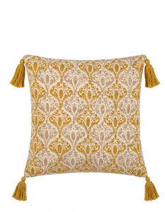 Housse de coussin en coton imprimé style ethnique avec motifs damassés et élégants accents de pompons moutarde, OEM Bulk18X18 - Product Image 4