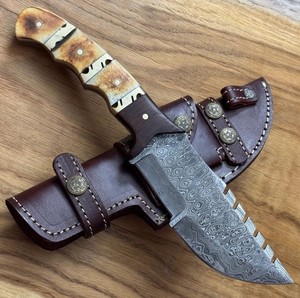 Couteau de chasse et de camping artisanal Viking en acier Damas de qualité industrielle, manche en corne, 10 pouces, pointe tombante, OEM - Product Image 3