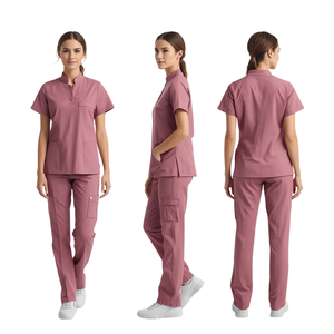 Women's Dusty <b>Rose</b> Medical Scrub Suit Mandarin Collar <b>Top</b> and Tapered Pants Healthcare Uniform - Product Image 2
