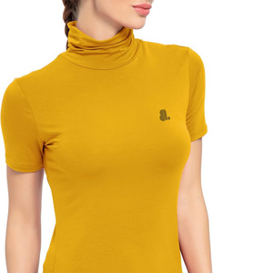 Haut décontracté à col roulé et manches courtes pour femme, en jersey uni, coupe classique, respirant, en coton biologique, été, avec logo, vert, 160g - Product Image 2