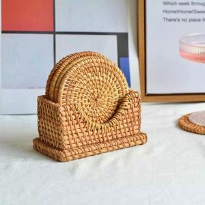 Natural Rattan Eco-Friendly Vintage <b>Coaster</b> <b>Set</b> <b>with</b> <b>Holder</b> Handmade 10cm Round Customizable Drink <b>Coasters</b> - Product Image 1