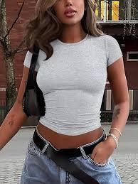 Haut court décontracté à manches courtes et col rond pour femme, style neutre, respirant, séchage rapide, anti-plis, en coton et élasthanne - Product Image 3