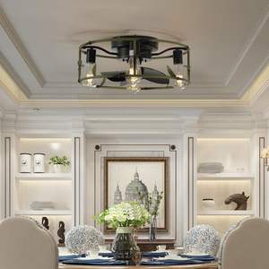 19" Green Industrial <b>LED</b> <b>Ceiling</b> <b>Fan</b> Light Flush Mount Caged Design 3-Light Rustic 6-Speed Reversible DC Motor Silent Remote - Product Image 6