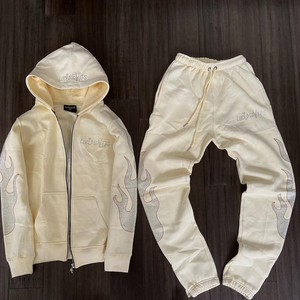 Custom OEM Blanks Hoodie Terry Oversized Tracksuit Rhinestone Zip up Wash Flare Sweatpants and Hoodie Sets high quality - Product Image 1