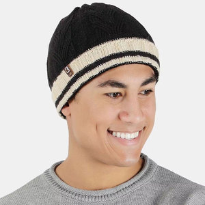 Unisex Knit Beanie <b>Hat</b> Black Cream Striped Cuff Hand Knitted Winter Outdoor Casual Adult 56-58CM - Product Image 2