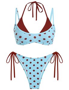 Ensemble bikini 2 pièces pour femme, maillot de bain à pois avec liens latéraux, fournisseur en gros - Product Image 1