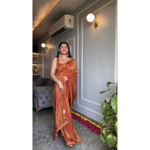 FASHIONABLE TISSUE SILK MUKESH WORK <b>SAREE</b> WITH UNSTITCHED BLOUSE <b>ORANGE</b> - Product Image 1