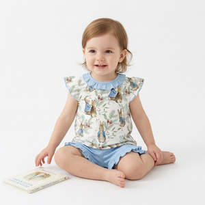 Girls Cotton Ruffle Top & Shorts Set Character Print Sleeveless Breathable Blue White made in Bangladesh manufactures - Product Image 4