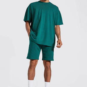 Men's Solid Green Cotton <b>Knitted</b> T-Shirt Shorts <b>Set</b> Casual Summer Wear Crew Neck Short Sleeve Outfit - Product Image 3