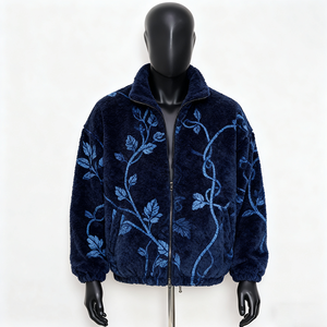 Custom <b>Men's</b> Blue Genuine Leather Distressed Regular <b>Jacket</b> Embossed <b>Checkered</b> Patchwork Design Stand Collar Zipper Closure - Product Image 3