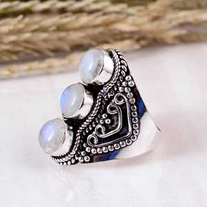 3-Stone Rainbow Moonstone Silver <b>Ring</b> Vintage Tribal Filigree <b>Statement</b> <b>Ring</b> Artisanal Beaded Edge Shield Design Authentic - Product Image 3