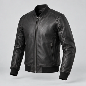 Blouson aviateur en cuir noir pour homme, fermeture éclair intégrale, style motard - Product Image 3