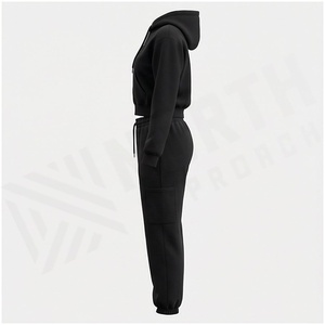 Women Black Hooded <b>Zipper</b> <b>Sweatshirt</b> Set 100% Cotton Midweight Casual Tracksuit Full Sleeve Solid Color Front Embossed Logo - Product Image 3