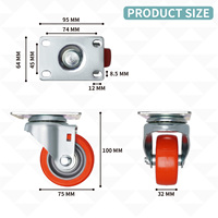 Roulette pivotante robuste de 3 pouces avec frein latéral à roulement, plaquée zinc, avec plaque supérieure en PP rouge, durable, pour chariot de maison, bureau et cuisine