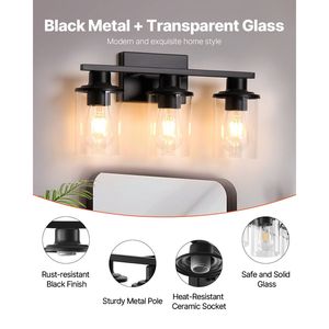 Lampada da Parete Moderna a 3 Luci per Bagno con Paralume in Vetro Trasparente E26, Applique Moderna per Specchio da Bagno - Product Image 2