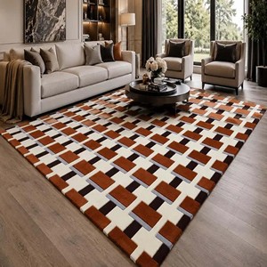 Tapis géométrique à carreaux en laine tuftée à la main, doux et moelleux, pour salon, chambre à coucher, décoration minimaliste, style luxueux - Product Image 2