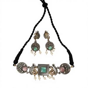 Conjunto de Collar y Pendientes Bohemios Monalisa de Plata Oxidada Chapada en Oro con Circones Azules y Rosas, Joyería para Boda, Compromiso, Regalo para Mujer - Product Image 1