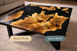 Table basse en résine époxy noire avec incrustation en bois de burl doré, moderne, artistique, faite à la main, pièce maîtresse pour salon - Product Image 6