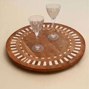 Round <b>Wood</b> Decorative Tray Geometric Pattern <b>Rustic</b> Design Handcrafted Lazy Susan Serving Plate For Home Kitchen <b>Table</b> Display - Product Image 5