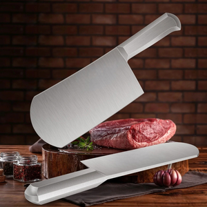 Couteau à viande robuste, lame large arrondie argentée, manche en métal argenté, couteau de boucher pour la découpe de la viande et la préparation - Product Image 1