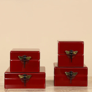 Ruby Red Glass Jewelry Storage Box Set with <b>Black</b> Dragonfly Handle Glossy Finish Soft Lining Decorative Keepsake Organizer - Product Image 1