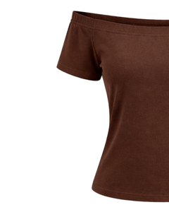 T-shirt marron chocolat pour femme, épaules dénudées, manches courtes, coupe ajustée, décontracté, été, en coton doux, fabrication sur mesure - Product Image 3