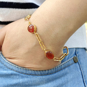 Pulsera de cadena con eslabones de cornalina natural lisa, joyería de diseño, latón macizo chapado en oro de 18k, pulsera llamativa para mujer - Product Image 4