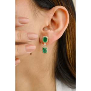 <b>Fine</b> Dangle <b>Earrings</b> 3.77 Ct Real Emerald and Halo Diamond 18K Gold - Product Image 4