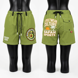 Shorts de bain pour femme en polyester premium, vert olive, séchage rapide, taille élastique, impression graphique, patch tissé. - Product Image 5