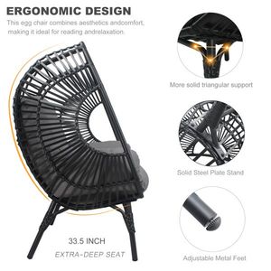 Nuova Poltrona a Uovo in PE Intrecciato Stile Rattan con Cuscino Nero e Grigio per Patio - Product Image 3
