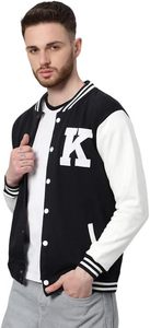 <b>Men's</b> Black And <b>White</b> Varsity <b>Jacket</b> Regular Fit Preppy Style Pullover Cotton Polyester Blend Solid Color Turn-down Collar - Product Image 2