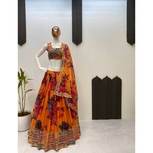 LG Designer Robe de soirée à paillettes brodées Lehenga Choli Orange Taille unique pour les fêtes - Product Image 2