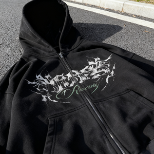 Sudaderas con capucha y cremallera unisex de algodón suave con estampado de fuente japonesa, lavado ácido, efecto desgastado por el sol, estilo clásico oversize, streetwear, God Speed - Product Image 3
