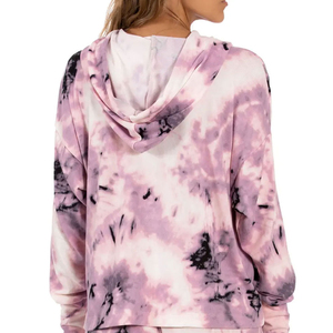 Sudadera con capucha tie-dye rosa para mujer, de hombros caídos, manga larga, estilo casual - Product Image 3