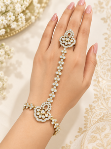 Brazalete esclavo Hathphool chapado en oro antiguo con circonita cúbica talla pera y anillo de dedo, arnés de mano tradicional para boda, para mujer, al por mayor - Product Image 3