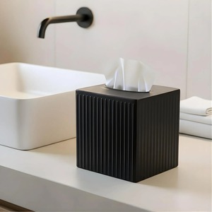 Elegante cubierta de caja de pañuelos con relieve negro mate para decoración moderna de baño, soporte de pañuelos de metal negro acanalado minimalista y elegante. - Product Image 2